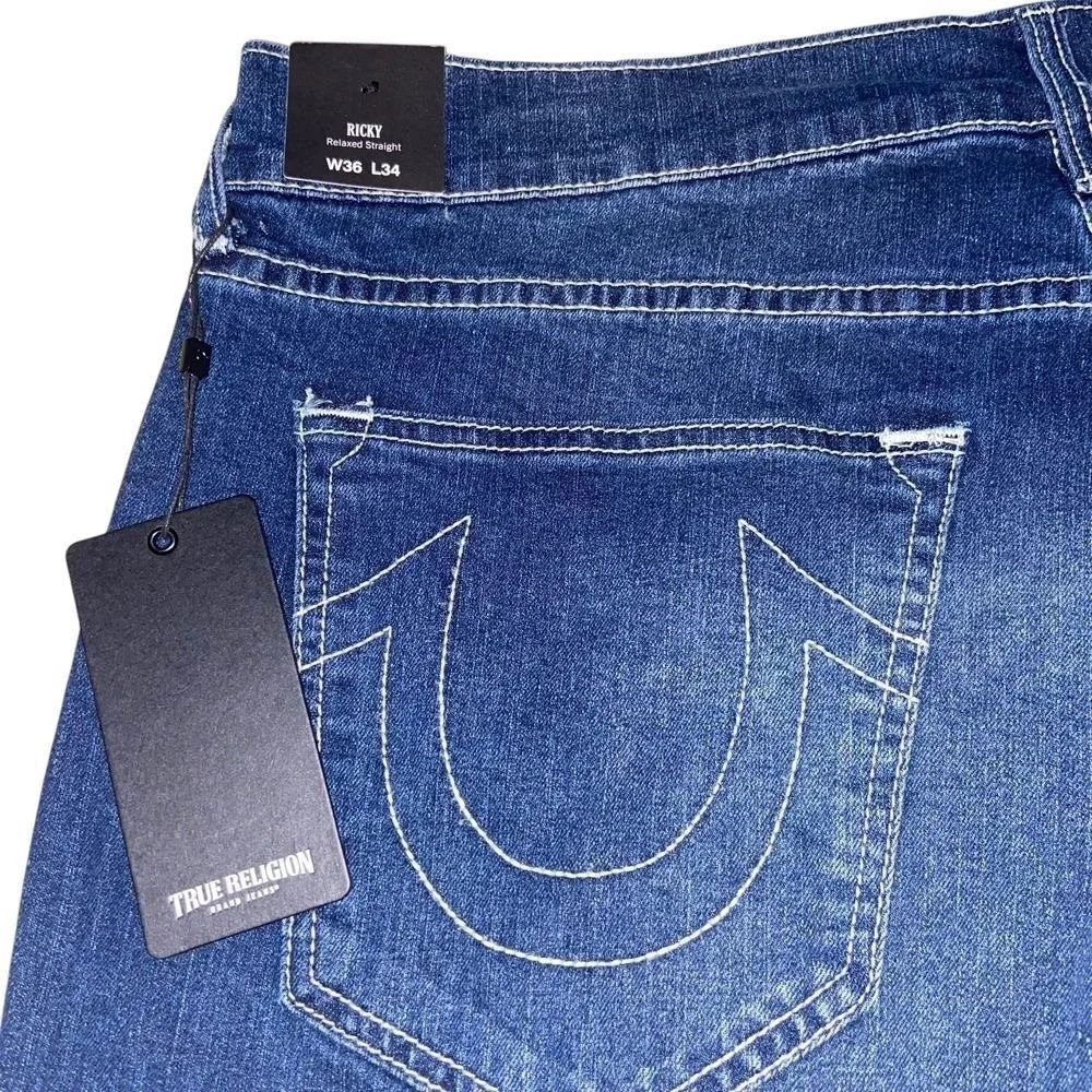 True Religion Ricky Relaxed Straight Jeans Dark Hibernation Wash Size 36x34 NEW